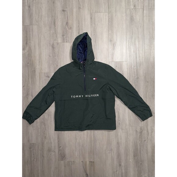 Tommy Hilfiger Green Hooded Windbreaker Jacket – Size L – Half Zip Pullover Logo - Picture 1 of 4